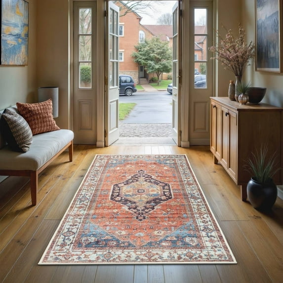 GLN Rugs Kitesh - Indoor, Machine Washable Area Rug 2'6"x7' Turkish Terra Home Carpet, All Ages