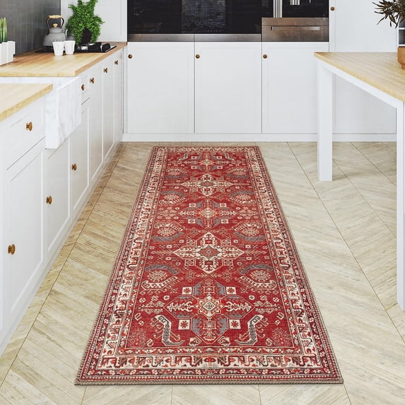 GLN Rugs Knossos - Indoor, Machine Washable Area Rug 2'6"x7' Red/Beige Home Carpet, All Ages