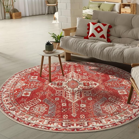 GLN Rugs Knossos - Indoor, Machine Washable Area Rug 5'3" Round Turkish Red/Beige Home Carpet