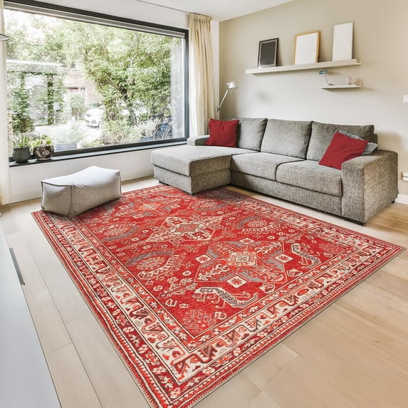 GLN Rugs Knossos - Indoor, Machine Washable Area Rug 8'x10' Turkish Red/Beige Home Carpet