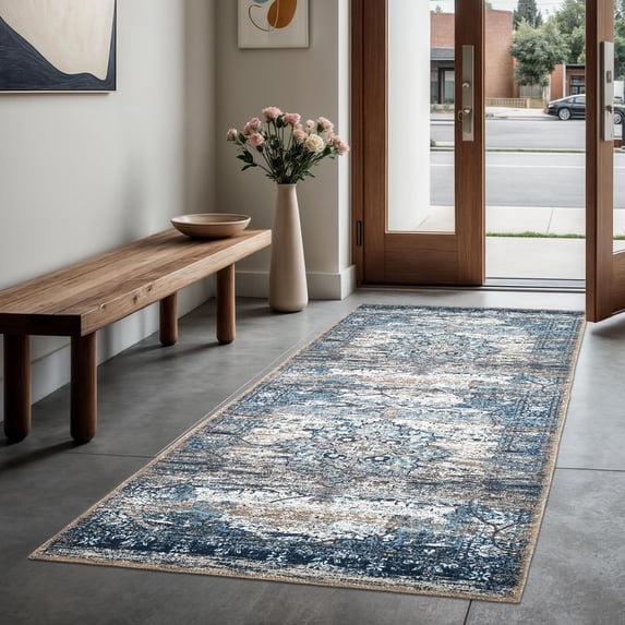GLN Rugs Kumbet - Indoor, Machine Washable Area Rug 2'6"x9'8" Turkish Blue Home Carpet, All Ages