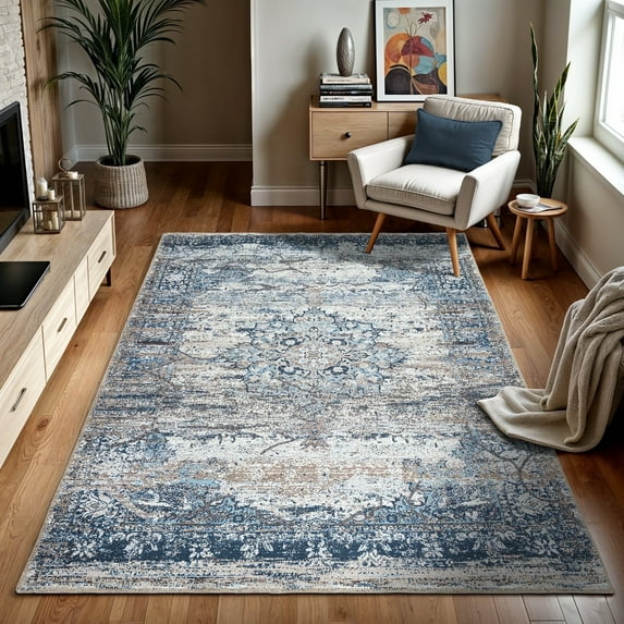 GLN Rugs Kumbet - Indoor, Machine Washable Area Rug 6'6"x9'6" Turkish Blue Home Carpet