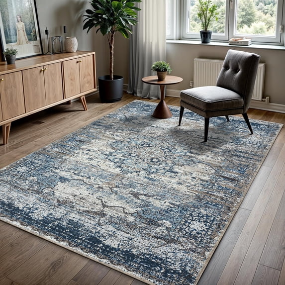 GLN Rugs Kumbet - Indoor, Machine Washable Area Rug 9'5"x12' Turkish Blue Home Carpet