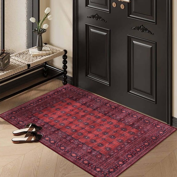 GLN Rugs Machine Washable Area Rug, Washable, Non Slip, Low Pile Rug, Living Room, Bedroom, Kitchen Rug (2' x 3' Dark Red)