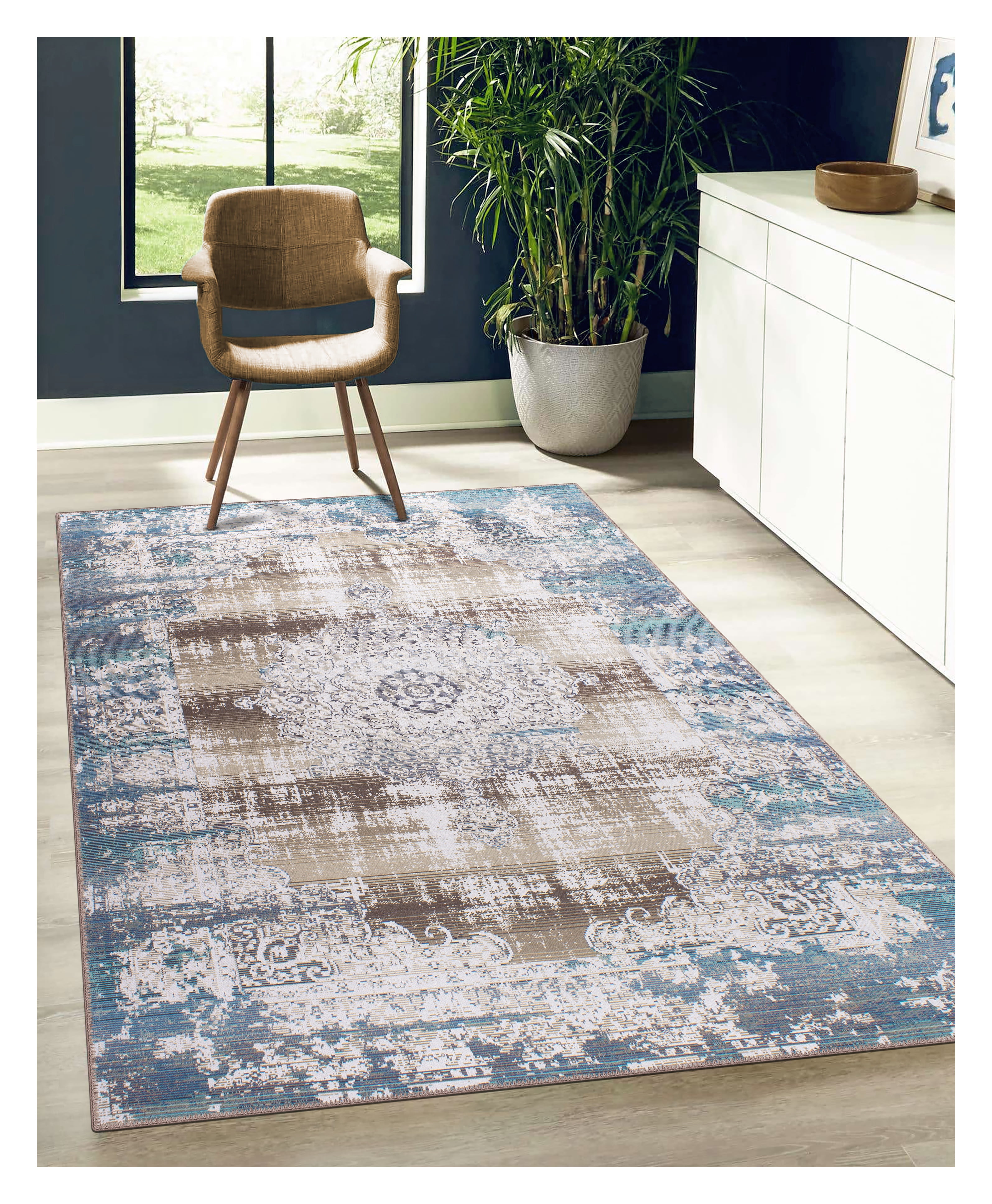 Blue and Brown Vintage Machine Washable Area Rug 3' x 5'