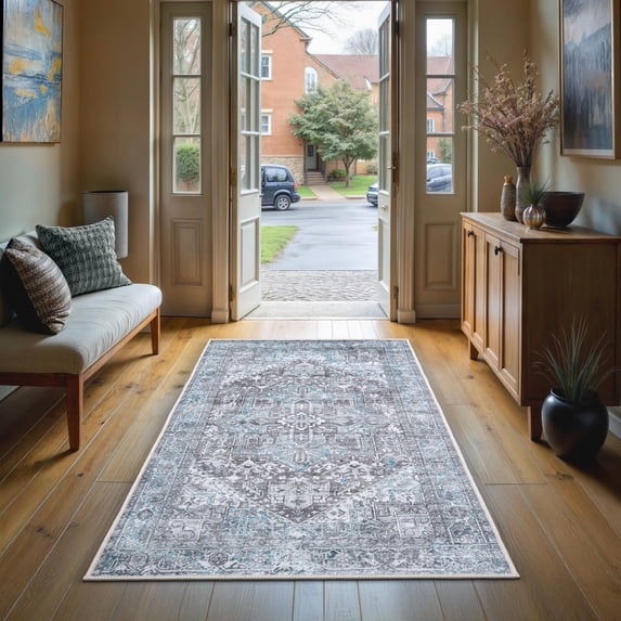 GLN Rugs Memphis - Indoor, Machine Washable Area Rug 2'6"x7' Ice Blue /Gray Home Carpet, All Ages