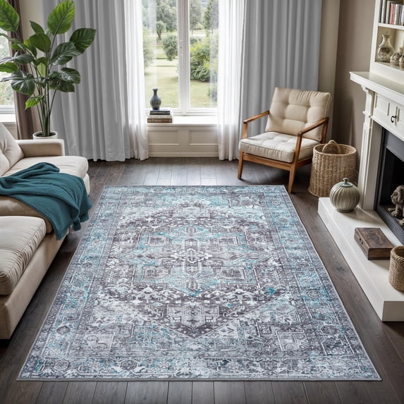 GLN Rugs Memphis - Indoor, Machine Washable Area Rug 6'x9' Turkish Ice Blue/Gray Home Carpet