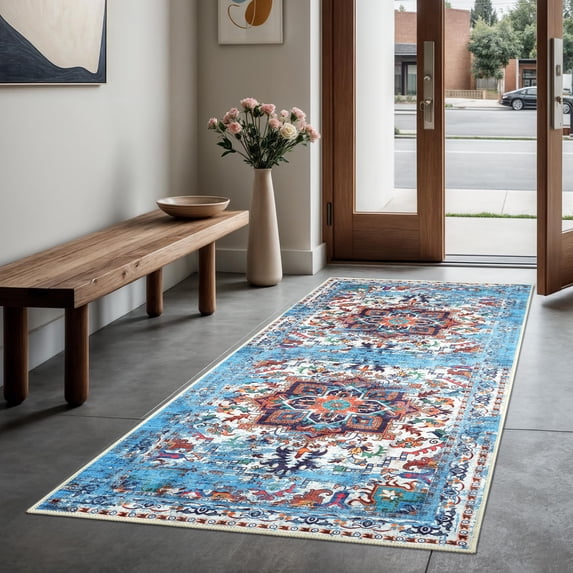 GLN Rugs Narli - Indoor, Machine Washable Area Rug 2'6"x9'8" Turkish Blue Home Carpet, All Ages