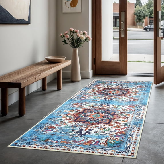 GLN Rugs Narli - Indoor, Machine Washable Area Rug 2'6"x9'8" Turkish Blue Home Carpet, All Ages