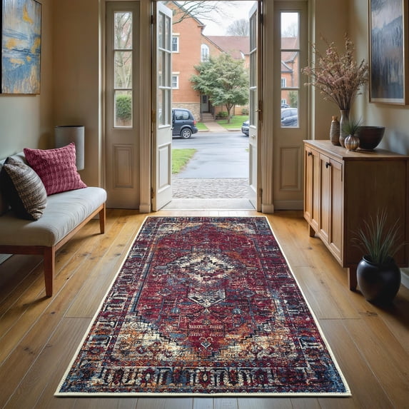 GLN Rugs Narman - Indoor, Machine Washable Area Rug 2'6"x6'6" Turkish Burgundy Home Carpet, All Ages