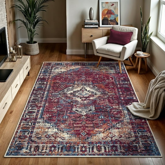 GLN Rugs Narman - Indoor, Machine Washable Area Rug 5'3"x7'5" Turkish Burgundy Home Carpet