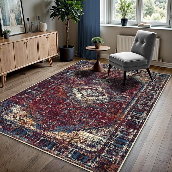 GLN Rugs Narman - Indoor, Machine Washable Area Rug 9'5"x12' Turkish Burgundy Home Carpet