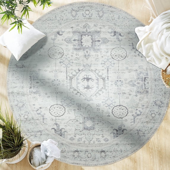 GLN Rugs Palmyra - Indoor, Machine Washable Area Rug 5'3" Round Beige Gray Home Carpet