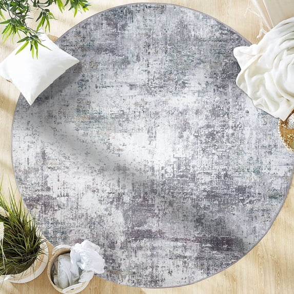 GLN Rugs Persepolis - Contemporary, Machine Washable Area Rug 5'3" Round Turkish Gray Home Carpet