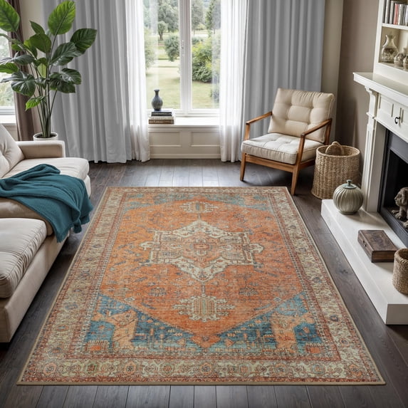 GLN Rugs Petra - Indoor, Machine Washable Area Rug 4'x6' Turkish Traditional Terra Home Carpet