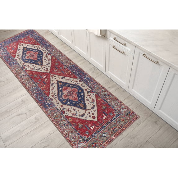 GLN Rugs Salur - Indoor, Machine Washable Area Rug 2'6"x6'6" Turkish Red Home Carpet, All Ages