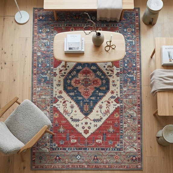 GLN Rugs Salur - Indoor, Machine Washable Area Rug 6'6"x9'6" Turkish Red Home Carpet