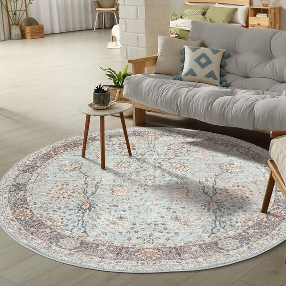 GLN Rugs Samarkand - Indoor, Machine Washable Area Rug 5'3" Round Turkish Light Blue Home Carpet