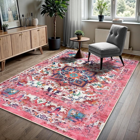 GLN Rugs Serik - Indoor, Machine Washable Area Rug - 9'5"x12' Turkish Pink