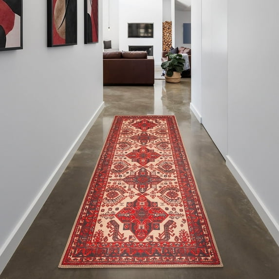 GLN Rugs Sparta - Indoor, Machine Washable Area Rug 2'6"x7' Vintage Red/Black Home Carpet, All Ages