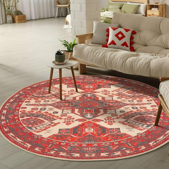 GLN Rugs Sparta - Indoor, Machine Washable Area Rug 5'3" Round Turkish Red/Black Home Carpet