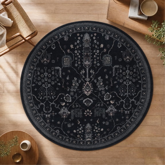 GLN Rugs Sumer - Indoor, Machine Washable Area Rug 5'3" Round Black Home Carpet