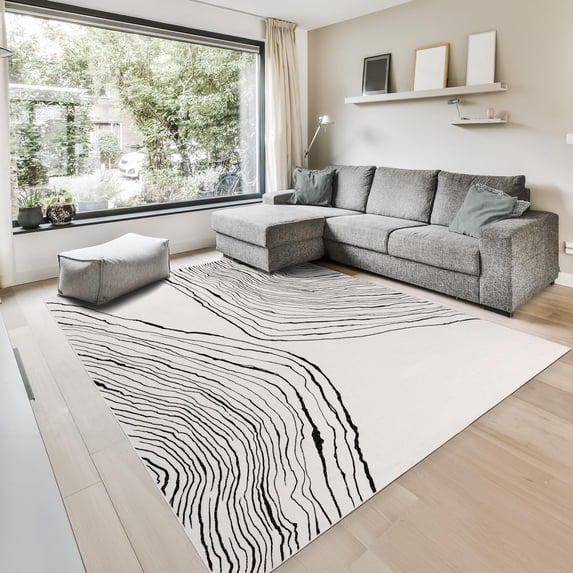 GLN Rugs Thassos - Contemporary, Machine Washable Area Rug 6' x 9' Beige Black Home Carpet, All Ages