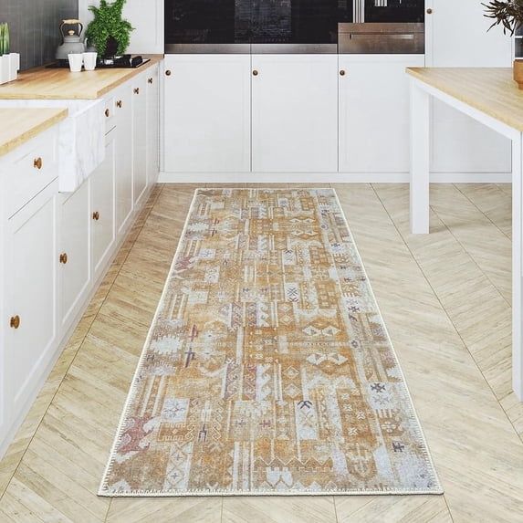 GLN Rugs Thebes - Indoor, Machine Washable Area Rug 2'6"x7' Yellow/Gray Home Carpet, All Ages