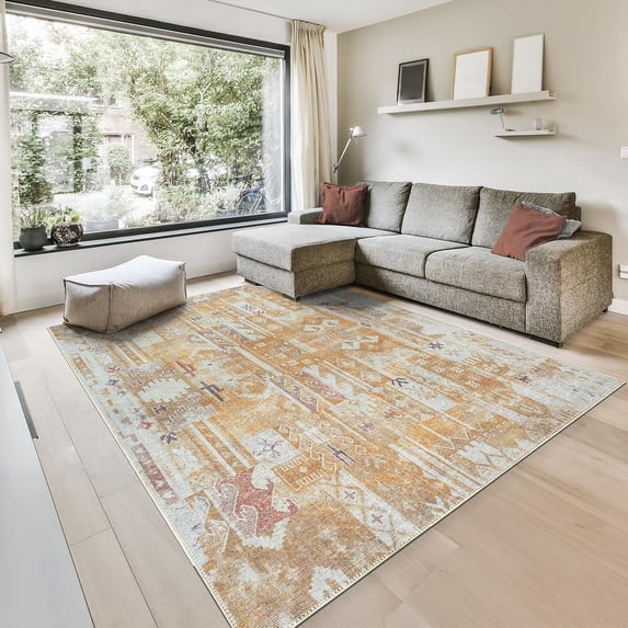 GLN Rugs Thebes - Indoor, Machine Washable Area Rug 8'x10' Moroccon Yellow/Gray Home Carpet
