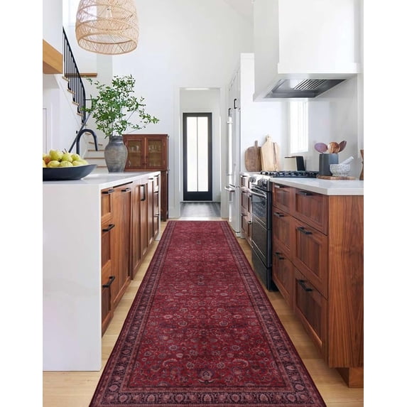 GLN Rugs Yildiz - Indoor, Machine Washable Area Rug - 2'6"x10' Dark Red Home Carpet