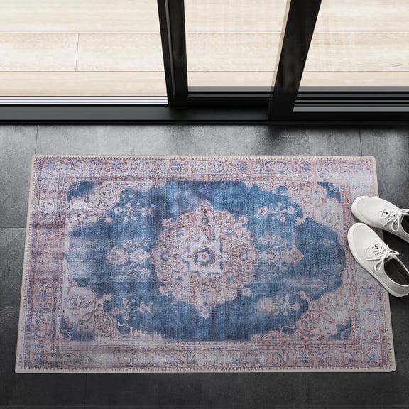 GLN Rugs Akhira Indoor, Machine Washable Area Rug 2'x3' Turkish Cream/Navy
