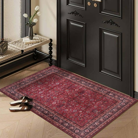 GLN Rugs Yildiz - Indoor, Machine Washable Area Rug - 2'x3' Dark Red Home Carpet