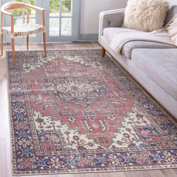 GLN Rugs Iznik - Indoor, Machine Washable Area Rug 4'x6' Multi Blue Home Carpet
