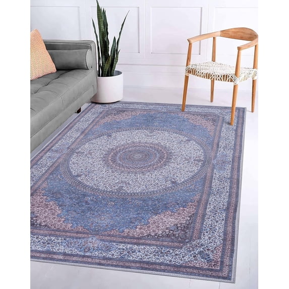 GLN Rugs Saphirya Indoor, Machine Washable Area Rug 6'6"x9'6" Turkish Navy/Off White