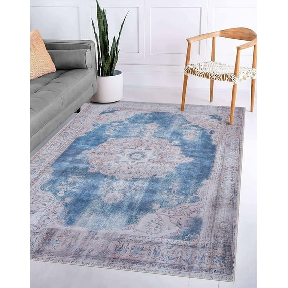 GLN Rugs Akhira Indoor, Machine Washable Area Rug 8'x10' Turkish Cream/Navy