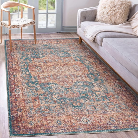 GLN Rugs Sumela - Indoor, Machine Washable Area Rug 7'10"x10' Terra/Green Home Carpet