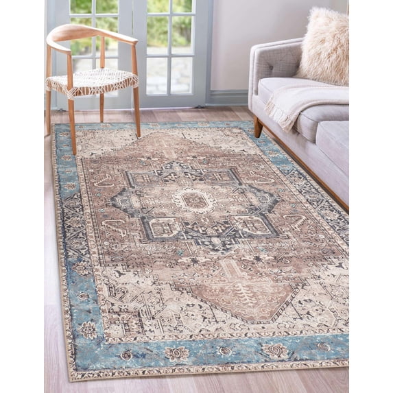 GLN Rugs Sinop - Indoor, Machine Washable Area Rug 7'10"x10' Brown/Blue Home Carpet
