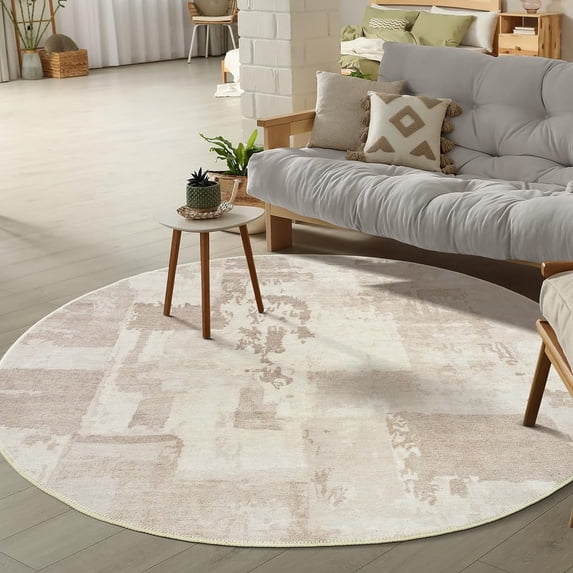 GLN Rugs Troy - Contemporary, Machine Washable Area Rug 5'3" Round Turkish Beige Home Carpet