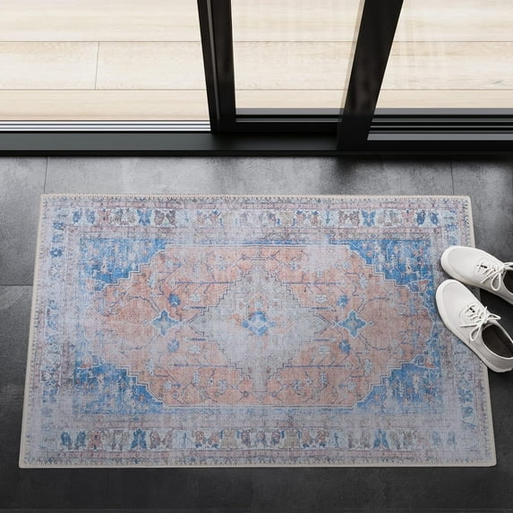 GLN Rugs Larisa Indoor, Machine Washable Area Rug 3'x5' Turkish Peach/Blue