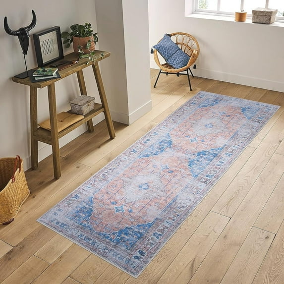 GLN Rugs Larisa Indoor, Machine Washable Area Rug 2'6"x7' Turkish Peach/Blue