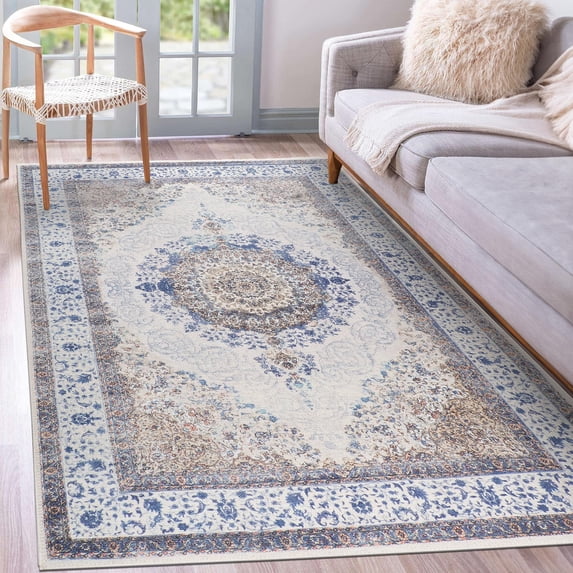 GLN Rugs Vona - Indoor, Machine Washable Area Rug 5'x7' Cream/Navy Home Carpet