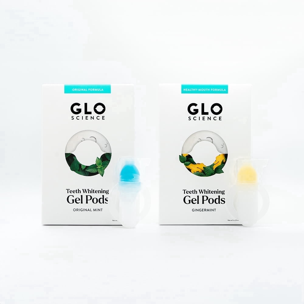 GLO Science Teeth Whitening Gel Pods – Safe, Effective Tooth Whitener with Silicon Brush, 6% Hydrogen Peroxide – Fastest Way to Whiter Teeth, Sensitivity Free – 5-Pack of Mint + 5-Pack of Gingermint