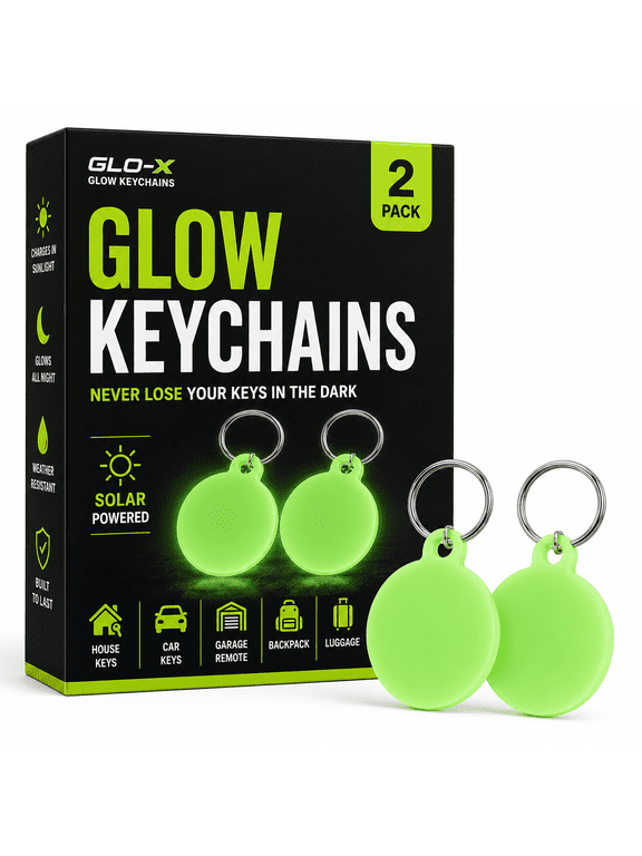 Glow in The Dark Keychain - Find Your Light Up Key Chain In The Dark -12+ Hours Glow Time Solar Powered Tags with Ring
