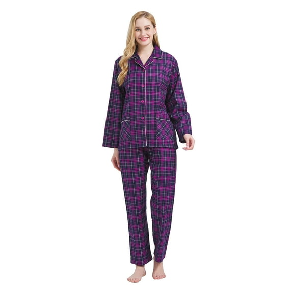 GLOBAL Women's 100% Cotton Flannel Pajama Set - Cozy Winter 2-Piece Loungewear with Button-Down Top & Pants, Size S-3XL