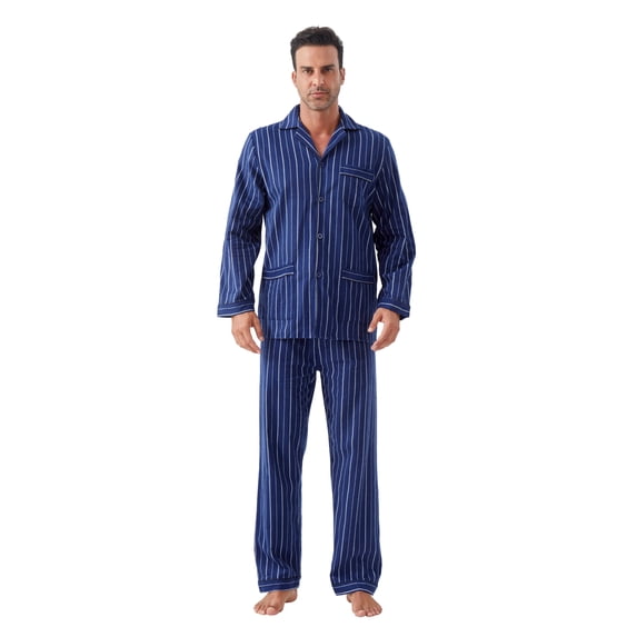 GLOBAL Men's Cotton Flannel Pajama Set, Long Sleeve Button‑Down Top & Long Pants Sleepwear, Soft Warm Loungewear, S-3XL