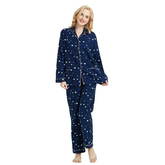 GLOBAL Womens Flannel Cotton Pajama Set Long PJs Flannel Loungewear Sleepwear,Size S-3XL
