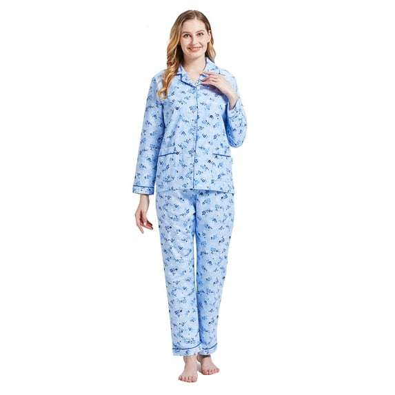 GLOBAL 100% Cotton Comfy Flannel Pajamas for Women 2-Piece Warm and Cozy Pj Set of Loungewear Button Front Top Pants, Size XL