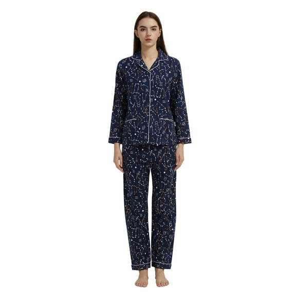 GLOBAL 100% Cotton Comfy Flannel Pajamas for Women 2-Piece Warm and Cozy Pj Set of Loungewear Button Front Top Pants