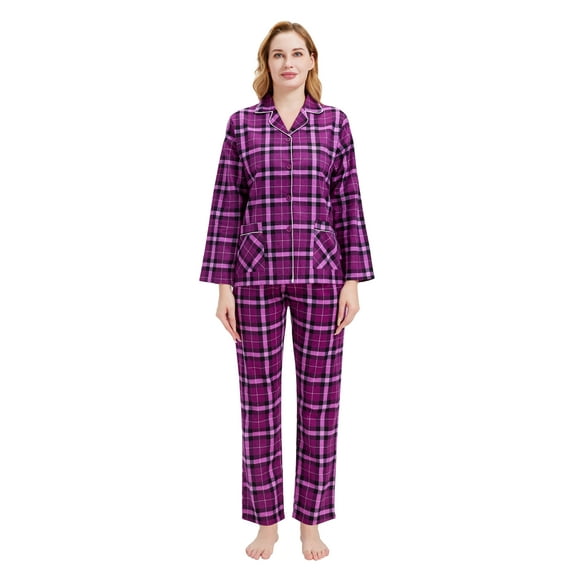 GLOBAL 100% Cotton Comfy Flannel Pajamas for Women 2-Piece Warm and Cozy Pj Set of Loungewear Button Front Top Pants