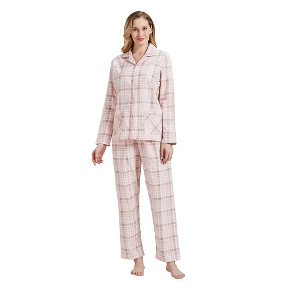 Amaxer Women's 100% Cotton Cozy Flannel Pajama Set - Long Sleeve Button-Up Top with Elastic Waist Pants, Warm & Soft Sleepwear, Flesh pink plaid, 3XL